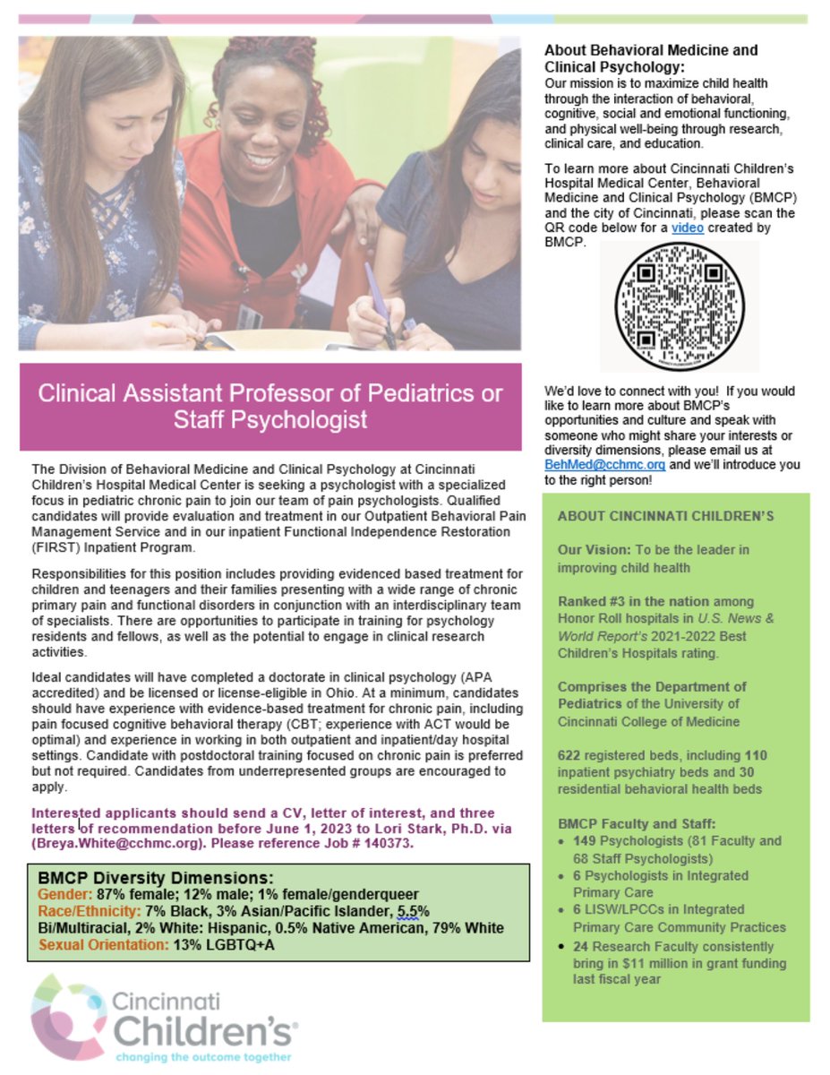 #hiringalert Seeking a Psychologist with a specialized focus in Pediatric Chronic Pain. See details below for application submissions! #psychologist #pediatricpsychologist #chronicpain #pediatricchronicpain
