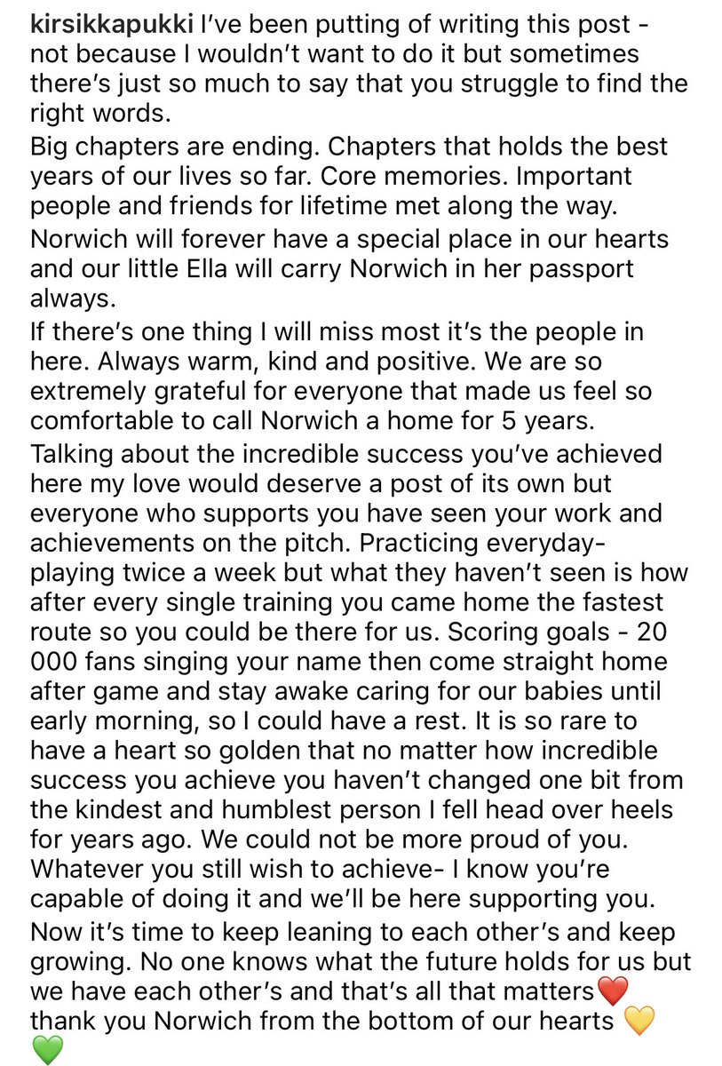 Teemu Pukki’s wife, Kirsikka, has posted a message for the Norwich City faithful 💛💚
