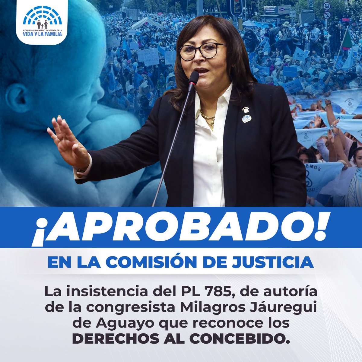 BloqueVidayFam's tweet photo. #APROBADO 🤰👶🇵🇪 | Hoy en la Comisión de Justicia del @congresoperu, se aprobó la insistencia del #PL785 que reconoce los DERECHOS AL CONCEBIDO. 
Felicitamos a nuestra congresista @MJAguayo63 por su incansable lucha en defensa de la Vida y la Familia. #NoAlAborto 🚫 https://t.co/9K0CsIenxl
