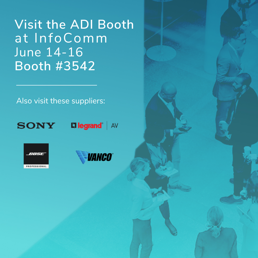 ADIGlobalDist's tweet image. See you tomorrow at @InfoComm. While you&apos;re there, stop by booth 3542 from 3-5pm for happy hour. Let ADI help you grow your #ProAV business with our end-to-end products and services. Learn about all of the #ProAVSolutions ADI offers on our Digital Branch: bit.ly/2ZpZIve