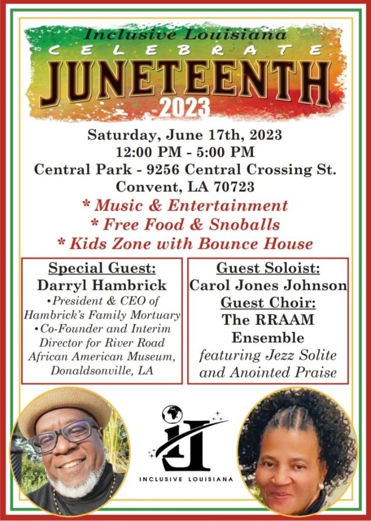 🎉 Join us at Inclusive Louisiana's Juneteenth celebration on June 17th, 2023, and celebrate with us! 🎉Enjoy live music, delicious #FREE food, and tons of fun! Special guest appearance by RRAAM Director, Darryl Hambrick. See you there! #Juneteenth #InclusiveLouisiana