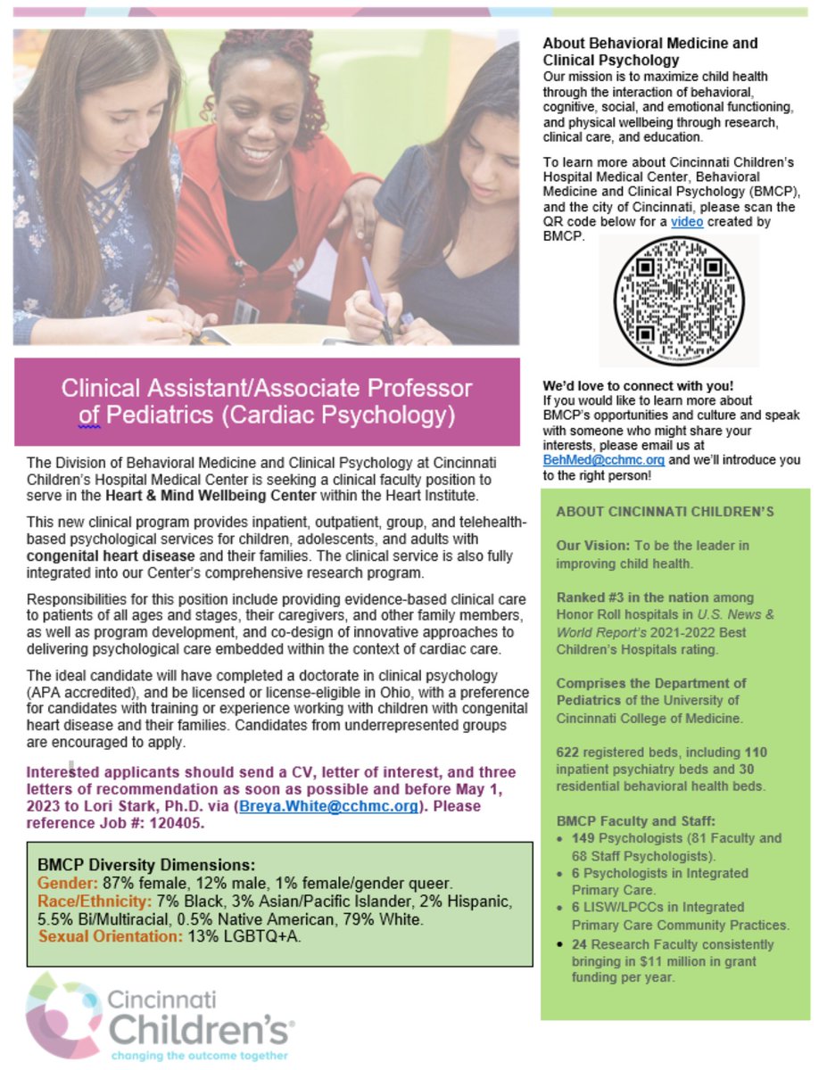 #HiringAlert We are seeking an Assistant or Associate Professor of Pediatrics (Cardiac Psychology) to join our Heart &amp; Mind Wellbeing Center with the Heart Institute. #cardiacpsychology #psychologist #pediatricpsychologist