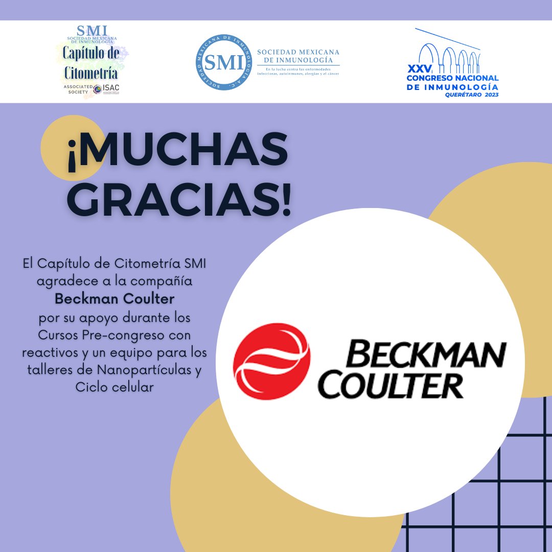 ¡Saludamos a Beckman Coulter por su generoso apoyo en nuestros Cursos Pre-congreso! 🎉 Su contribución con reactivos y equipos para los talleres de Nanopartículas y Ciclo celular ha sido esencial en nuestra misión educativa 🧬🔍. 

#SMICitometria #SMInmunología #InmunoCongreso