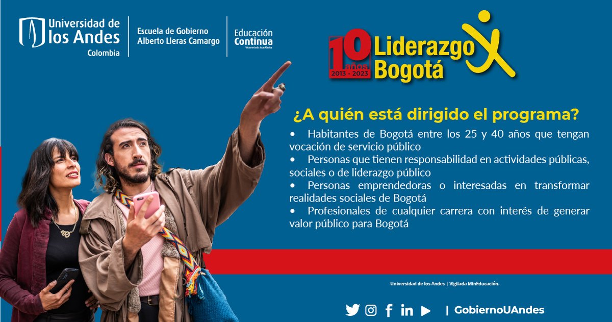 GobiernoUAndes's tweet photo. ✊🏼 Desarrolla tu liderazgo y habilidades innovadoras para el servicio público en #Bogotá con @LideresXBogota y conviértete en un líder con competencias éticas y metodológicas para abordar los desafíos que enfrenta la ciudad.
Inscríbete ya a #LxB 👉🏼 https://t.co/UmDF7RmSZs https://t.co/7GMjUV3q4V