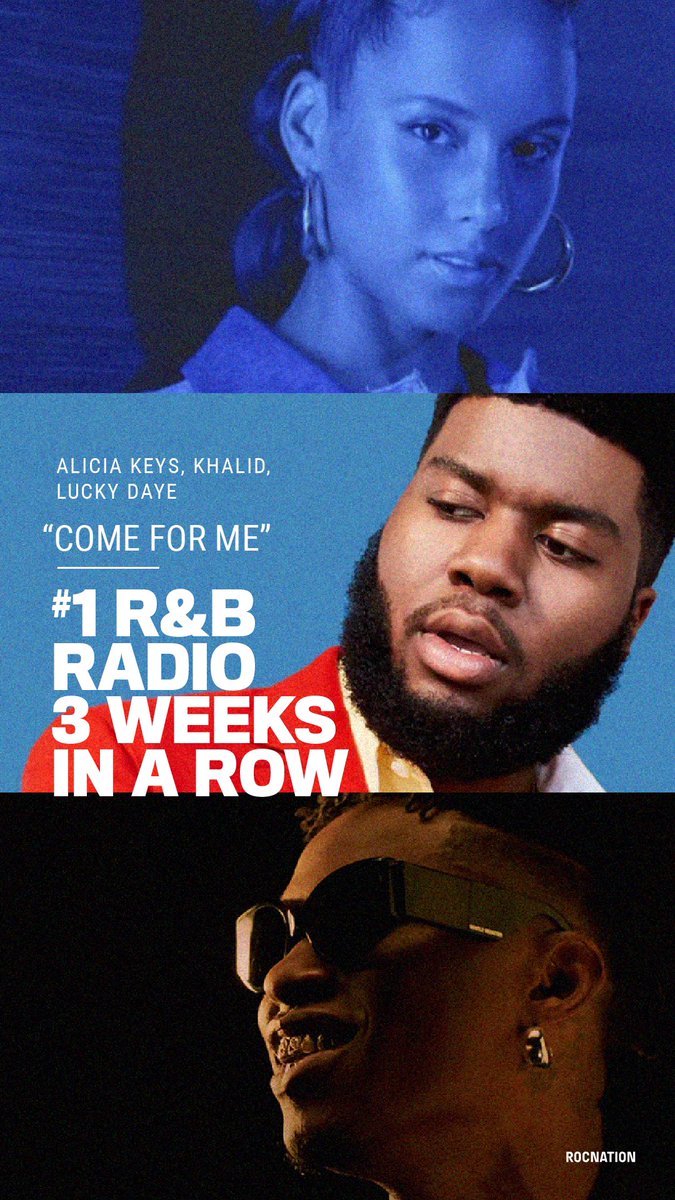“Come For Me” by @aliciakeys, @thegreatkhalid, and @iamluckydaye is #1 at R&B radio three weeks in a row! 
rocnation.lnk.to/ComeForMe