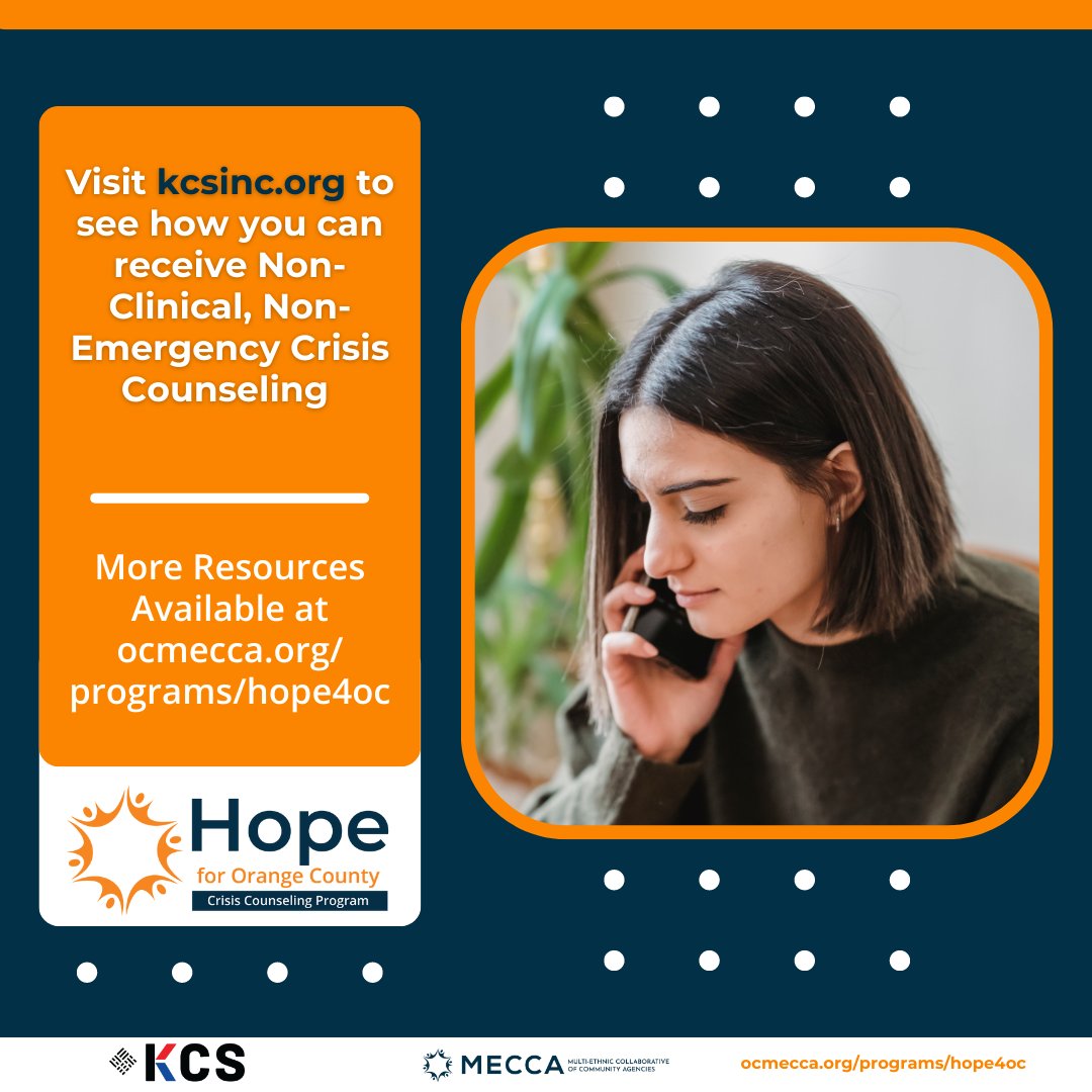 KCSHealthCenter's tweet photo. Receive non-clinical, non-emergency crisis counseling with Hope for OC.
#ocmecca #hopefororangecounty #crisiscounseling https://t.co/oAEknHUsWW