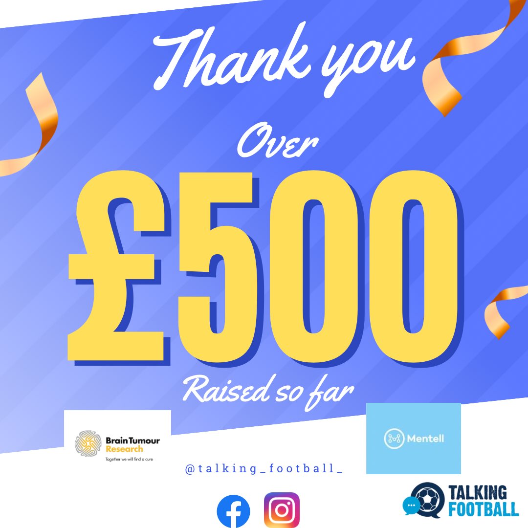 _talkingfooty's tweet photo. 3 weeks to go until our charity football match for Mentell and @braintumourrsch and we have already broken £500.

Tremendous support thank you.

If you wish to support our causes this year please click the link to donate.
Any amount you can afford will be greatly appreciated https://t.co/2m2RtnDLCL