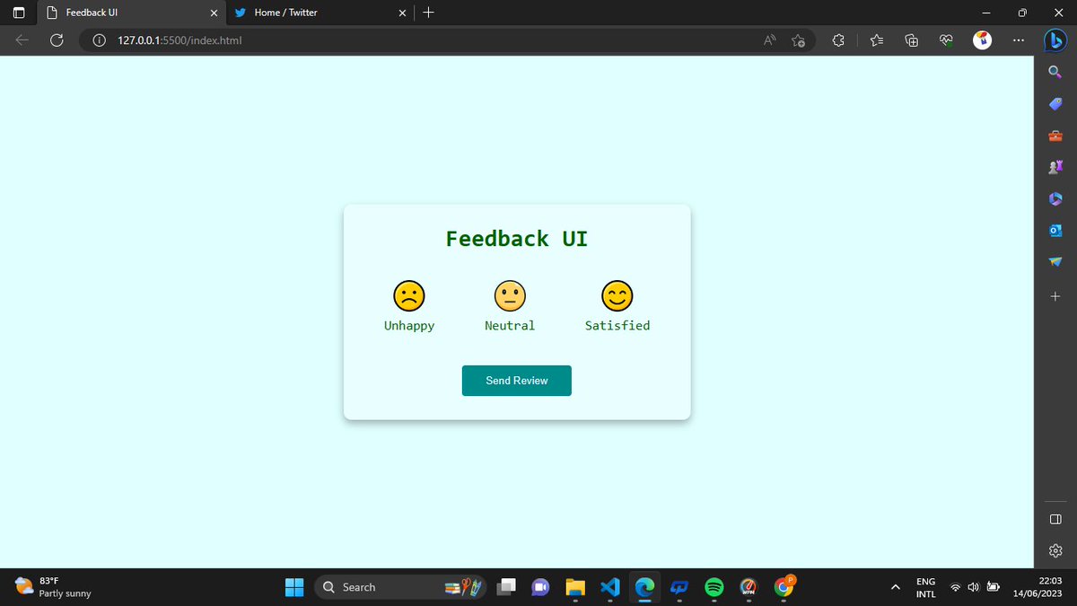 AkinsAyomi's tweet image. Day 8 of 100dayscoding:
I design a Feedback UI
http://127.0.0.1:5500/index.html
#100daycoding #html #css #javascript