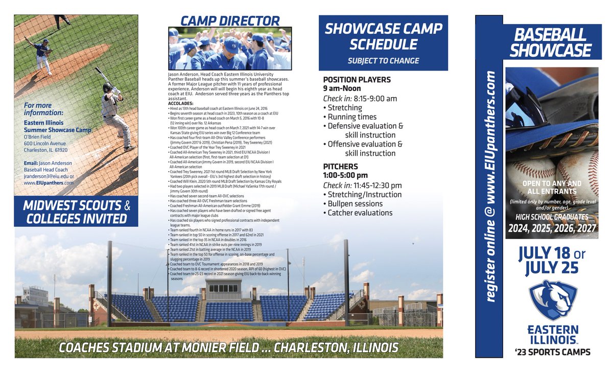 EIU_Baseball's tweet photo. ππ ππππππ ππππππππ
1β£ Tuesday, July 18th
2β£ Tuesday, July 25th
βΎοΈ All Skills, Pitching or Both
π€ 2024-2027 HS Grads
πππ π’π¬πππ« π¨π§π₯π’π§π at https://t.co/pU46qLgAbL β‘οΈFan Zone β‘οΈ Panther Camps https://t.co/JLsTTQP9D4