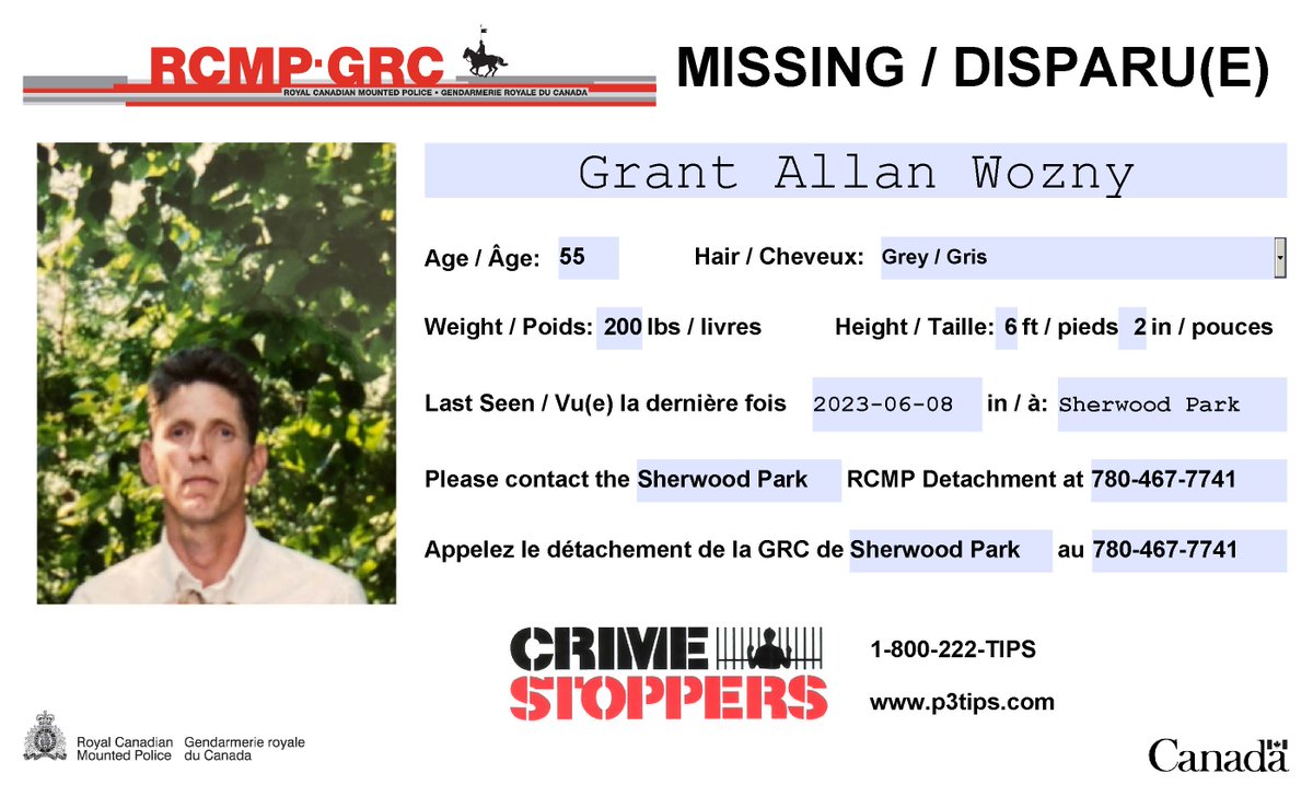 #Missing: Grant Wozny, 55, #SherwoodPark #StrathconaCounty.