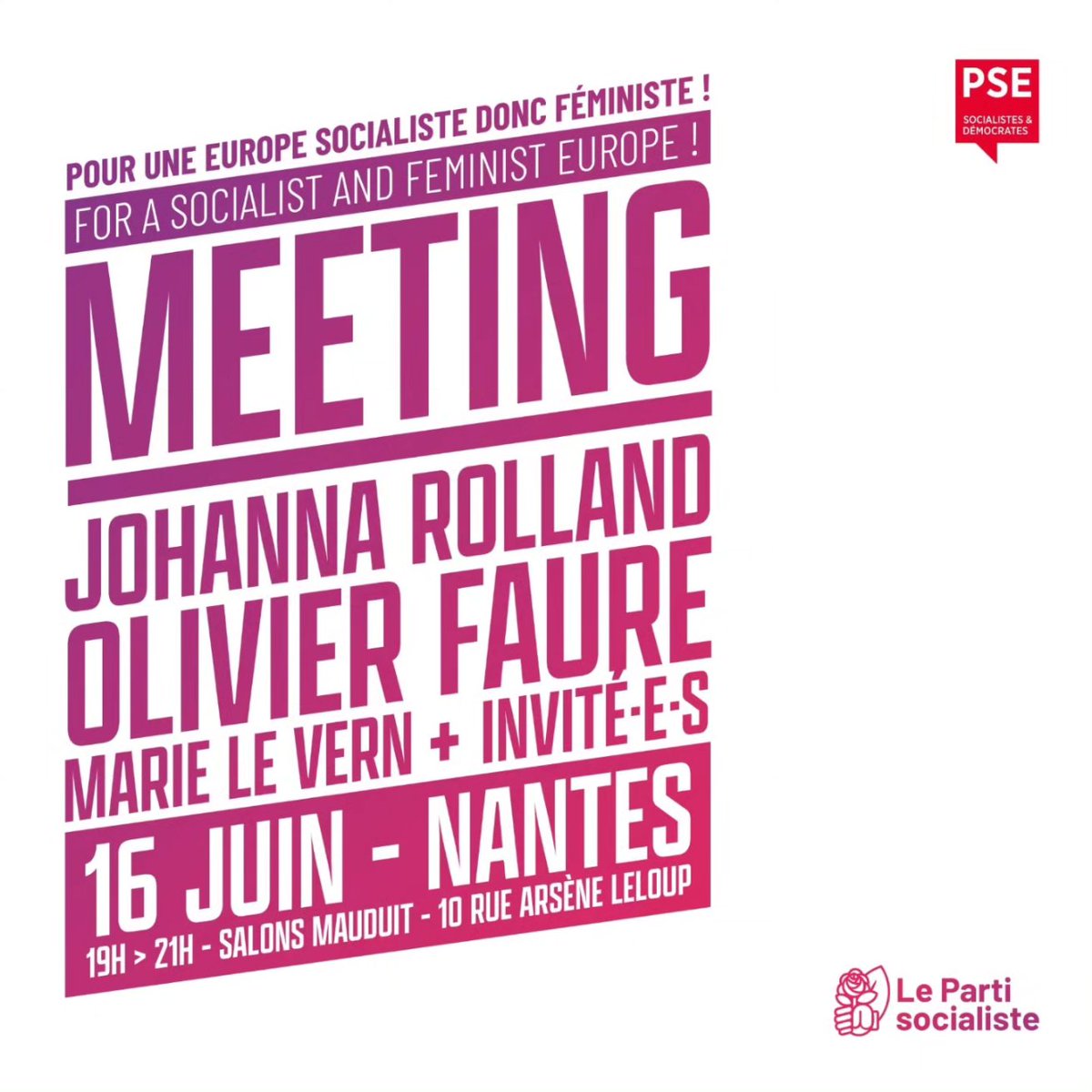 socialiste35's tweet photo. 🟣 Suite de la journée avec un grand meeting de 19h à 21h à #Nantes

➡️ Pour une Europe socialiste donc féministe !

Avec @Johanna_Rolland , @faureolivier , Marie Le Vern et bien d'autres invité.e.s

#Europe #Feminisme #ConventionPS #LeTempsDesFemmes https://t.co/AJbb9elBxa