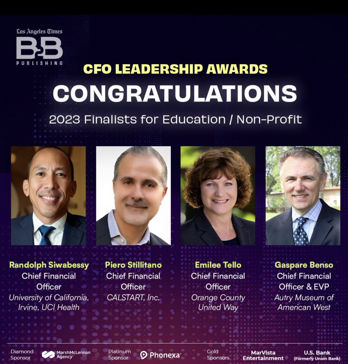 wspieros's tweet photo. Honored and grateful to @latimes #B2B for recognizing me as a finalist for the prestigious CFO Leadership Awards! Being considered among such talented professionals is truly humbling. #CFO #Leadership #Awards #LATimes #nonprofit #cleanenergy #cleantransportation #CALSTART https://t.co/ryGGIqPCSv