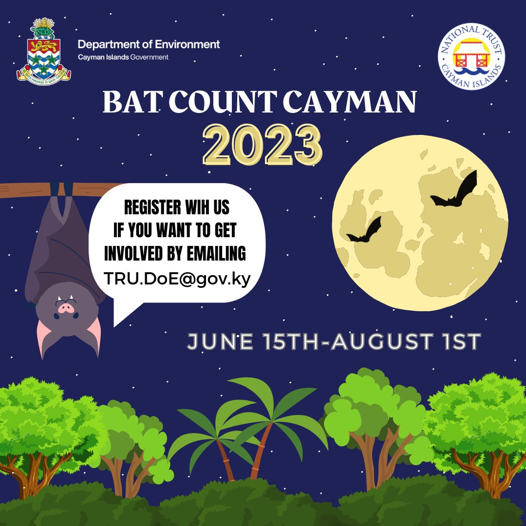 Bat Count Cayman is a citizen science initiative that begins Wednesday, June 15th and will run until August 1st. Members of the public who are interested in gathering bat population research data may email tru.doe@gov.ky to register.