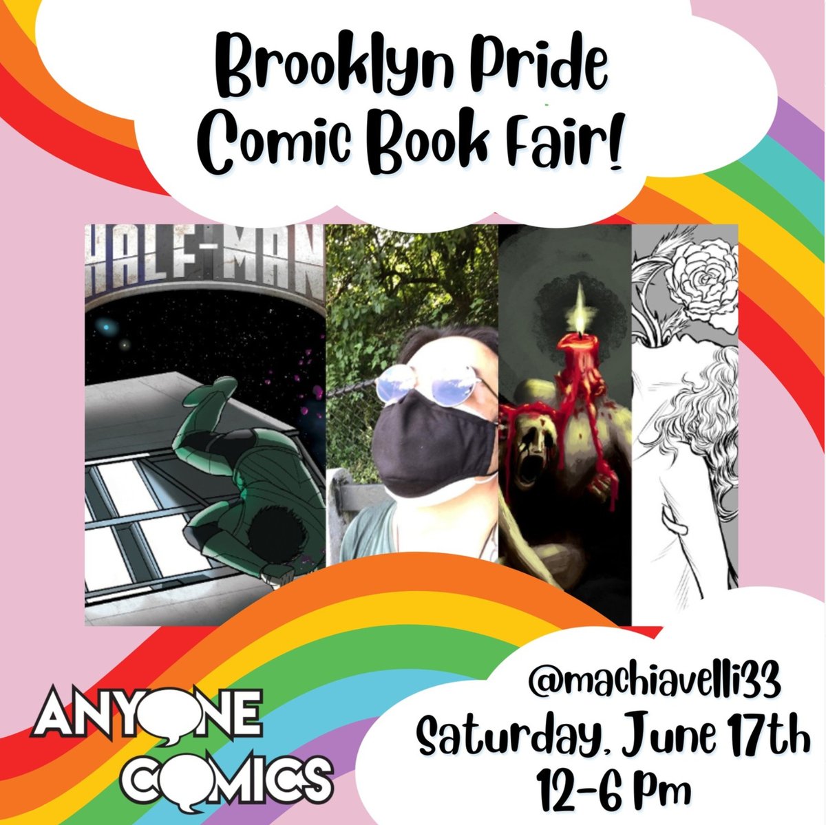 Me and <a href="/halfmancomic/">Half-Man</a> will be at Pride Comic Fair at @anyonecomics, 12-6.

Prints, new stickers, comics, buttons. Come. Read. Connect. 
#halfmancomic #darkart #myart #surrealart #macabreart #convention #pride #pridemonth #anyonecomics #indiecomics #webcomics #scificomics
