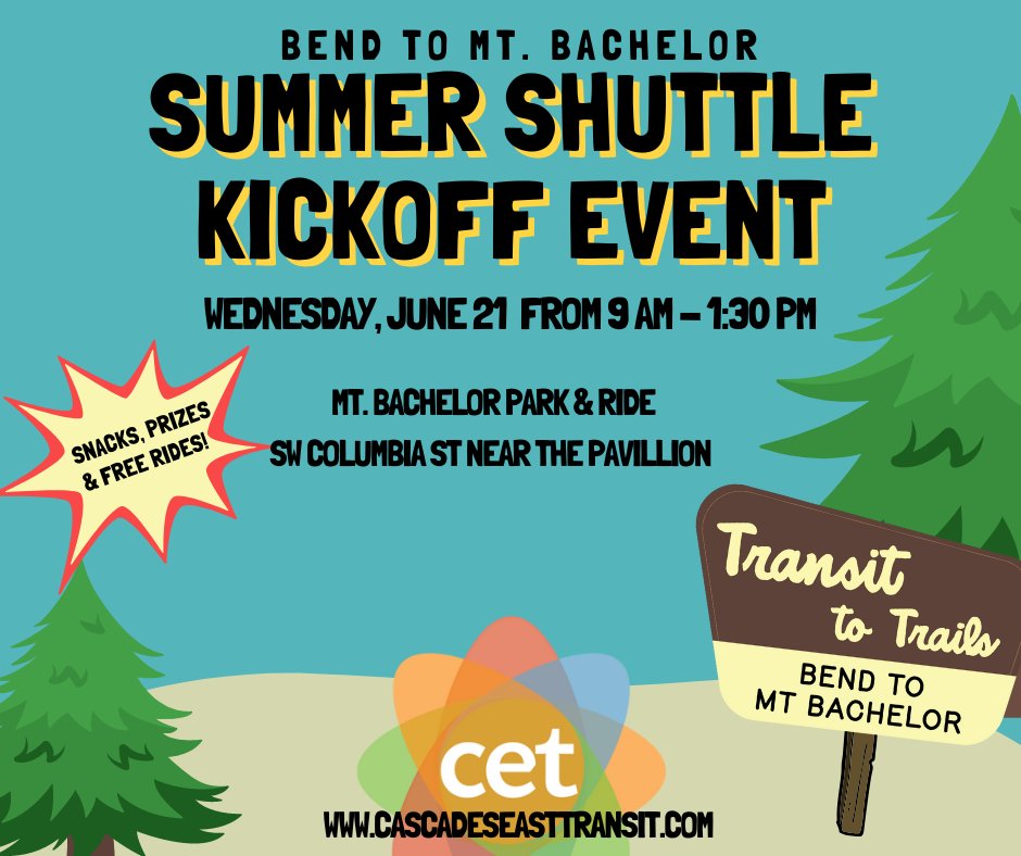 OregonToGo's tweet image. CET launches a new Summer Mt. Bachelor Shuttle on 6/21 with free rides! The shuttle operates 5 days/week (Weds-Sun) through Labor Day, with three round trips per day. Join us on 6/21 from 9am-1:30pm at the Mt. Bachelor Park &amp;amp; Ride location for route info, prizes &amp;amp; refreshments!