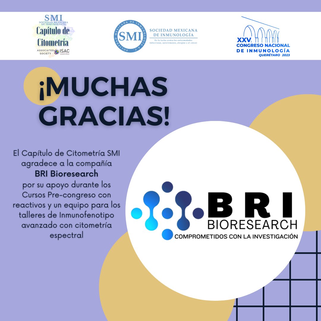 Un enorme agradecimiento a BRI Bioresearch por su apoyo invaluable durante los Cursos Pre-congreso 🎓. Su colaboración para los talleres de Inmunofenotipo avanzado con citometría espectral ha sido fundamental 🔬 ¡Juntos avanzamos en ciencia!

#SMICitometria #SMInmunología