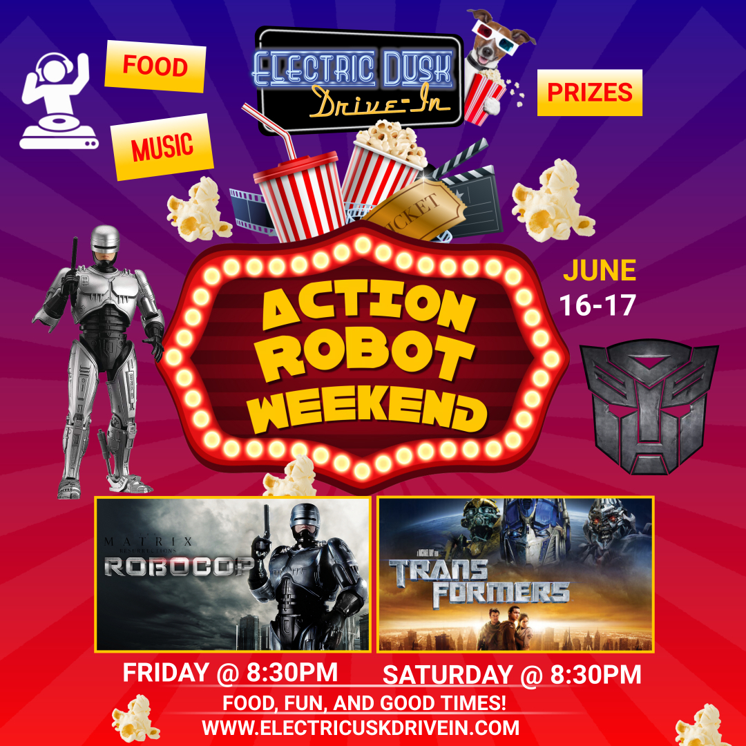 Do it right with the weekend pass. Watch two action movies with one low price.
Tix: bit.ly/3ZHTXlD
 electricduskdrivein.com
#robocop #terminator #peterweller #scifi #paulverhoeven #electricduskdrivein #transformers #autobots #optimusprime #decepticons #hasbro