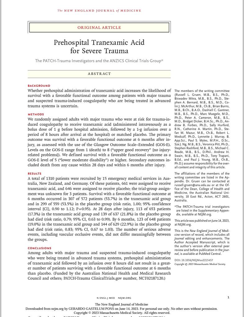 DrSkawman's tweet photo. Prehospital Tranexamic Acid for Severe Trauma | NEJM

❗EXTRA EXTRA❗

#ÁcidoTranexámico para Trauma Severo en PreHospital, del Grupo PATCH-Trauma. 
 https://t.co/CKdfKVPAyh https://t.co/C3SQ15uMif