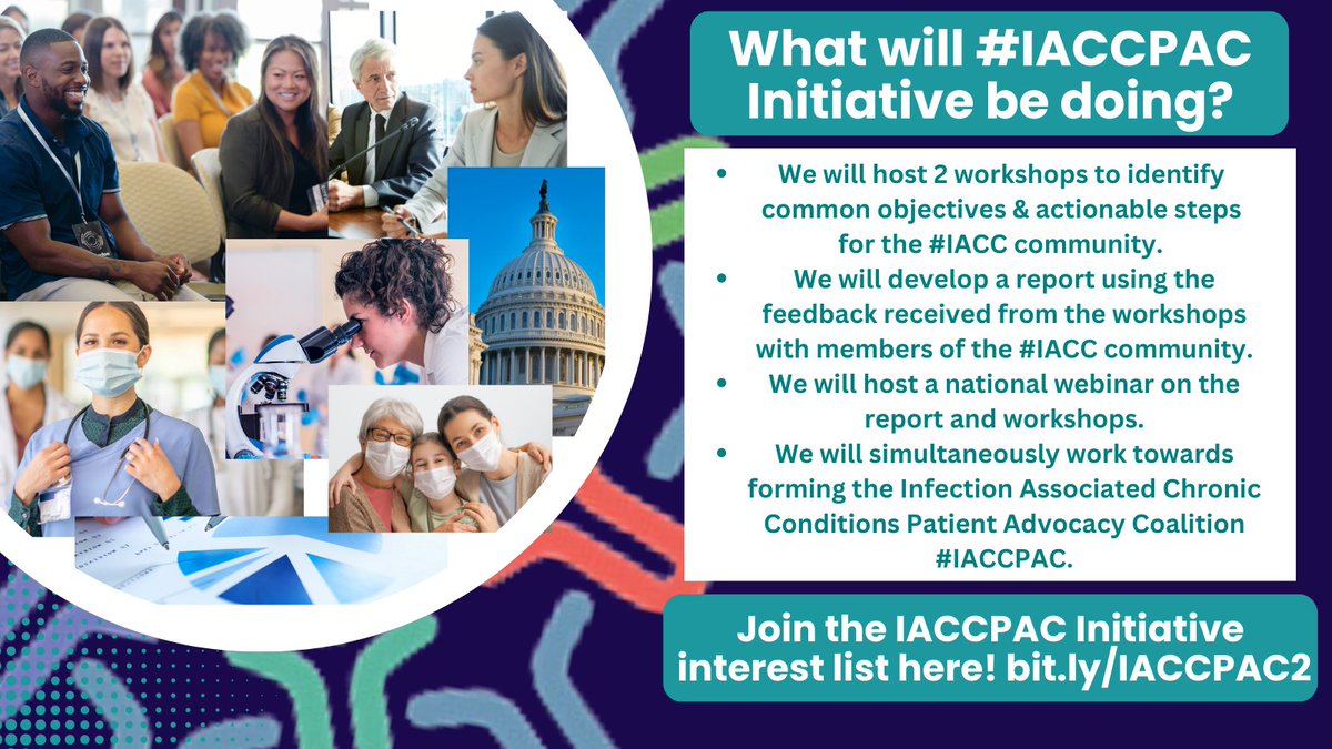 C19LH_Advocacy's tweet photo. This summer, join us and the @Long_COVID_Allian, @PlzSolveCFS, @patientled, & @Dysautonomia, to kick off of the #IACCPAC initiative, aimed at strengthening cross-sector partnerships amongst diverse disease groups. (Read the full press release here: https://t.co/F6IZG2aUrv)
Two workshops will be held this summer to identify common objectives & actionable steps for the #IACC community. We will develop a report, national webinar & simultaneously work towards forming the Infection Associated Chronic Conditions Patient Advocacy Coalition #IACCPAC.
If you are a patient organization representing people living with Infection Associated Chronic Conditions, please consider being part of this initiative & sign up on our interest list here: https://t.co/WE3BTRvKbs! Please share this with other stakeholders who may be interested!
#InfectionAssociatedChronicIllness #PostViralIllness #LongCOVID #POTS #Lyme #MECFS #MCAS #Lupus #Vasculitis #MS #Migraine