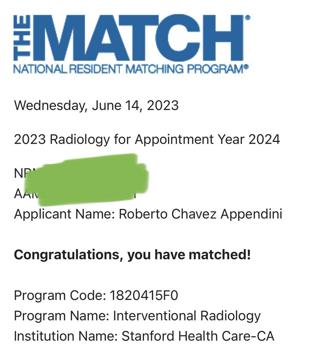 Incredibly honored and grateful to have matched <a href="/Stanford_IR/">Stanford IR</a>. Definitely the happiest day of my medical career so far. 

Thank you to my family and mentors from <a href="/TulaneRadiology/">Tulane Radiology</a> and <a href="/emcs_tecdemty/">Escuela de Medicina y Ciencias de la Salud</a>/<a href="/TecdeMonterrey/">Tecnológico de Monterrey</a>  

#irad #VIR #FellowMatch #MedTwitter #radres