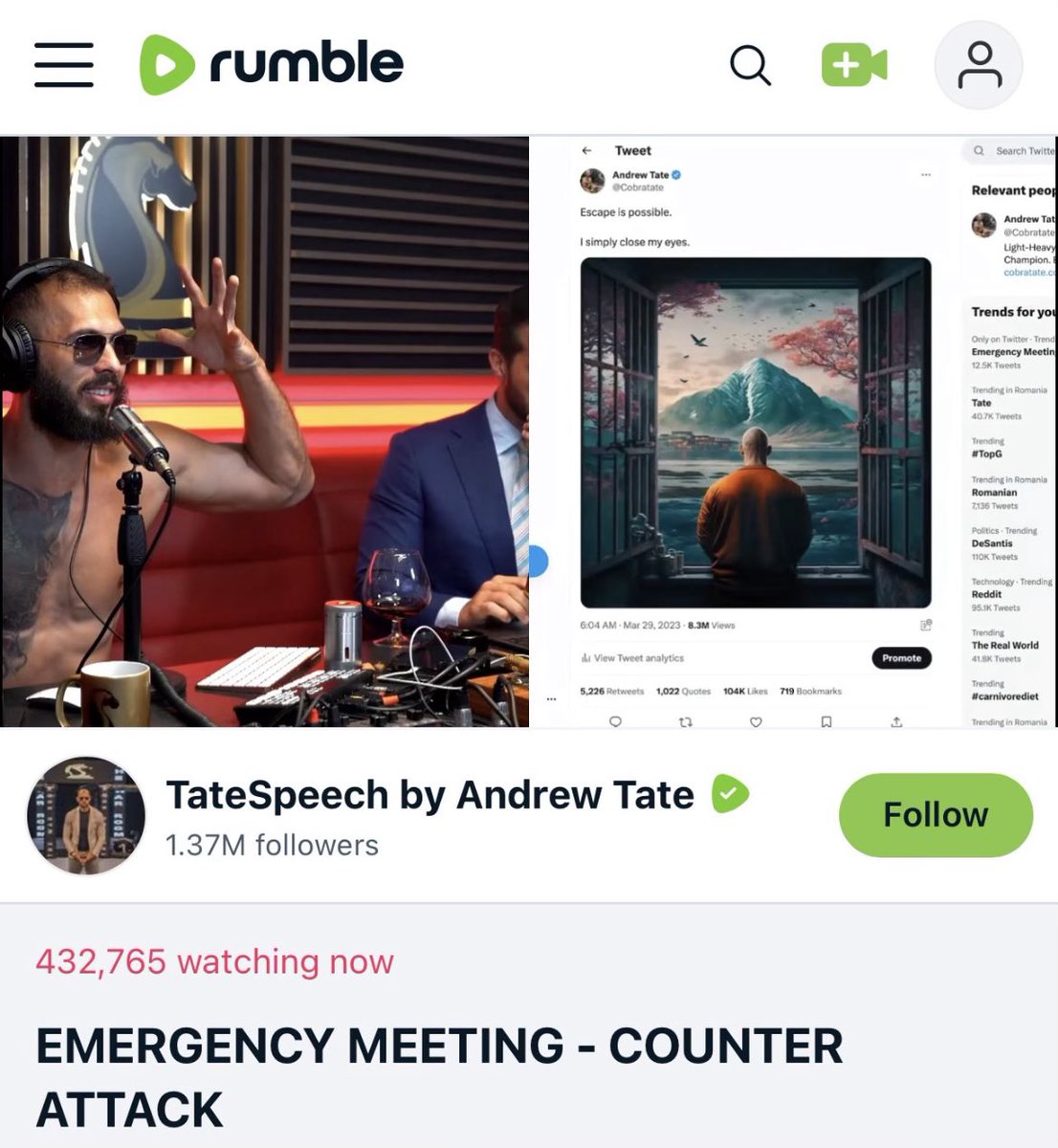 Andrew Tate’s return stream peaked over 432k concurrent live viewers on rumble! 

This is the top 5 biggest streams EVER on the internet! #DramaAlert
