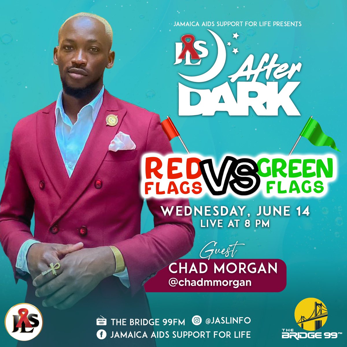 JASLtweets's tweet photo. The dapper and confident @chadmorganesq joins us tonight on JASL After Dark to discuss “Red Flags vs Green Flags”.
Tune in tonight at 8 PM on @thebridge99fm, or live on our Facebook and Instagram pages.
#JASLAfterDark #season10 #JASL #DweetSafe #BePrEPared #NowIsTheTime https://t.co/Sg8nCUx6Nt