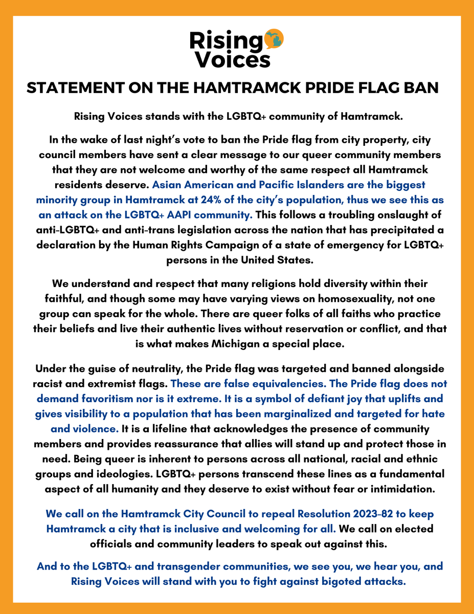 RisingVoicesAAF's tweet photo. Rising Voices stands with the LGBTQ+ community in Hamtramck. Read our full statement of support here. #AAPIpride #solidarity #loveisloveislove https://t.co/BNQcFqarzA