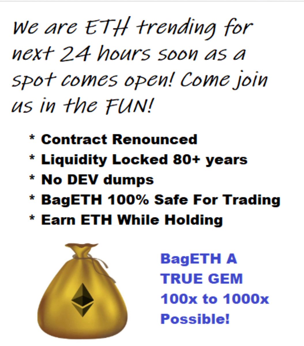 BagETH23's tweet photo. We’re fixing to sign up for ETH trending! Come join the fun!
Get ETH by holding! https://t.co/jLus6ZHcth

#PEPE #WAGMI #100xgem  #BEN #GEN #BOBO #LADYS #memecoins #PLSX #wojak #pepearmy #1000x #crypto #pepecoin #lido #ETH #USDT #BTC #PEPEARMY #traders #investing #invest #ethereum https://t.co/oG3HYRZ1Cf