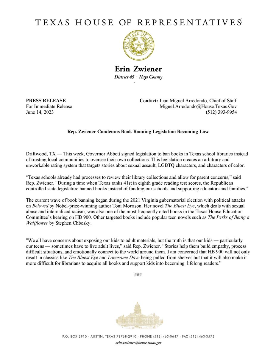 ErinForYall's tweet photo. During a time when Texas ranks 41st in eighth grade reading test scores, the Republican controlled state legislature banned books instead of funding our schools and supporting educators and families. https://t.co/F2FLhpnz0W