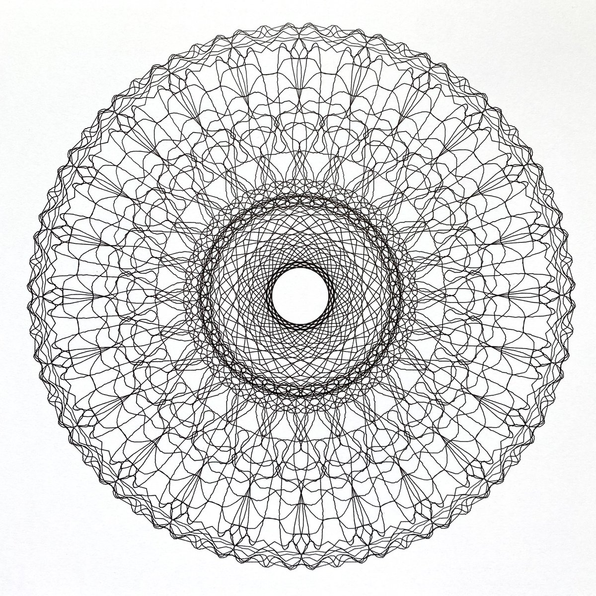 morozgrafix's tweet photo. Plot Party 2023 - Day 3 - Symmetry. 

Monochrome rosette generated with @eschersketch
Axidraw+Pigma 0.20mm black pen. I really liked how random curves and shapes are rotated and reflected into an intricate ornament symmetry. 
#plotparty #axidraw #plottertwitter #plotterart #pigma https://t.co/Q2rMISEOm9