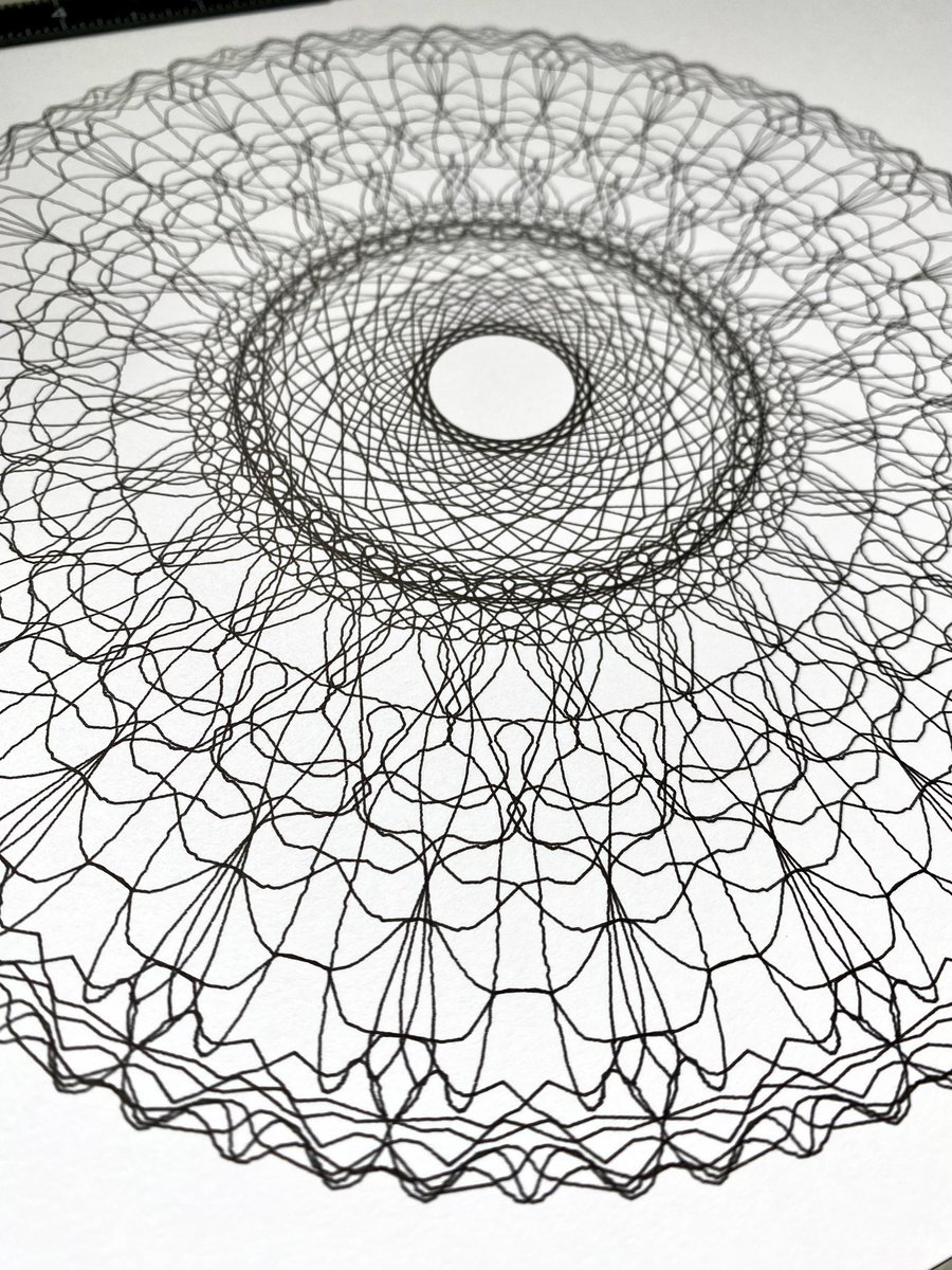 morozgrafix's tweet photo. Plot Party 2023 - Day 3 - Symmetry. 

Monochrome rosette generated with @eschersketch
Axidraw+Pigma 0.20mm black pen. I really liked how random curves and shapes are rotated and reflected into an intricate ornament symmetry. 
#plotparty #axidraw #plottertwitter #plotterart #pigma https://t.co/Q2rMISEOm9