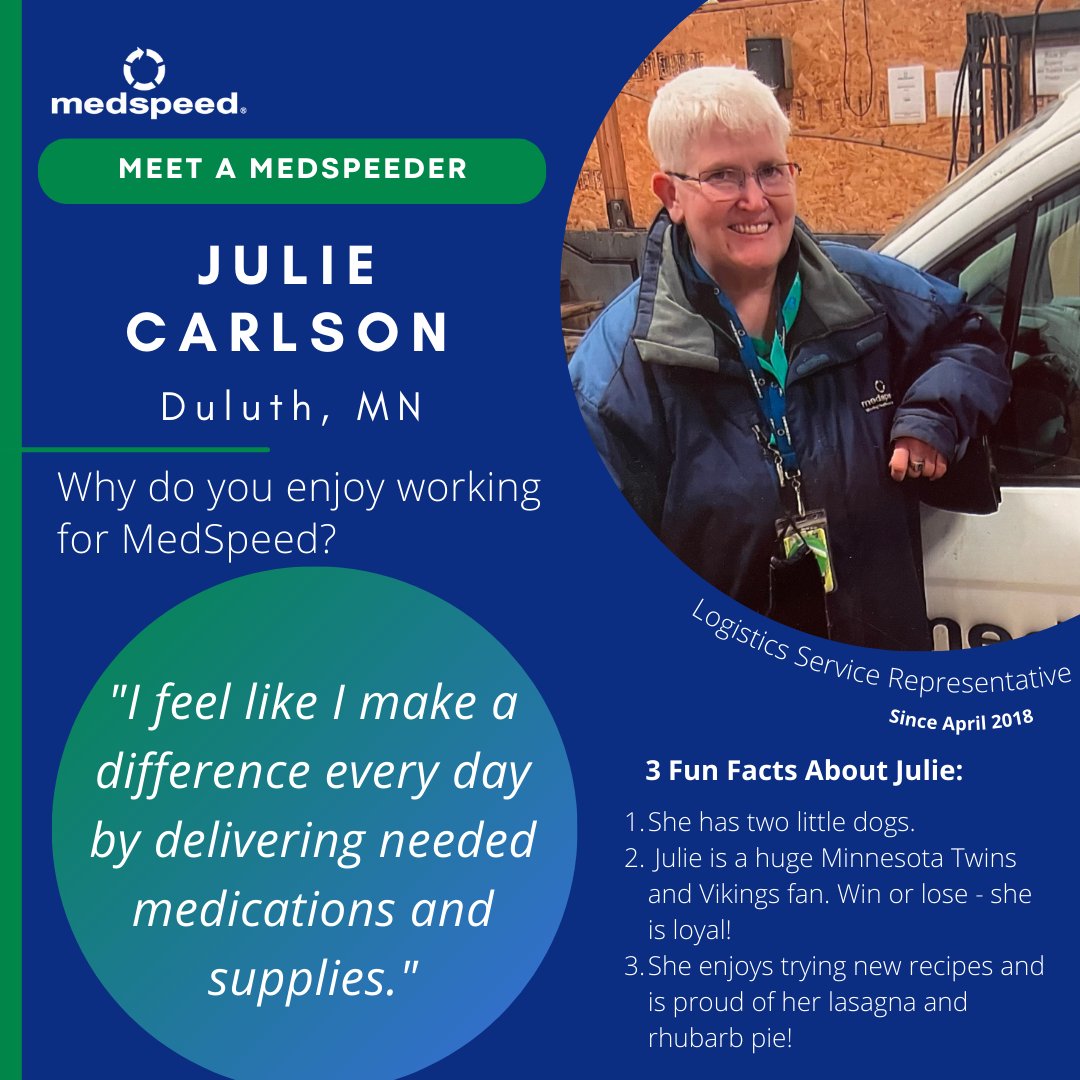 MedSpeed's tweet photo. Meet this month’s Meet a MedSpeeder, Julie Carlson! She has been a part of the Duluth, MN team since 2018. Julie is a loyal Minnesota Twins and Vikings fan and enjoys trying new recipes in her spare time.
#MedSpeeders #healthcare #logistics #MedSpeed https://t.co/3WYoH394Ve