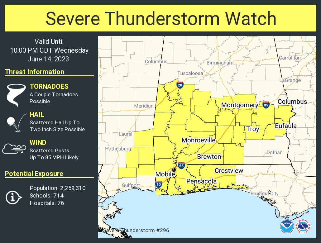 NWSMobile's tweet photo. A severe thunderstorm watch has been issued for parts of Alabama, Florida and Mississippi until 10 PM CDT https://t.co/favTB8mH2t