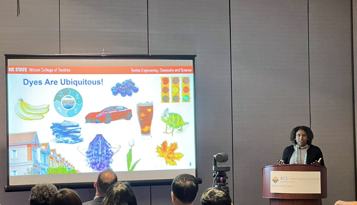 Fantastic talk by Dr. Tova Williams @chemist2dye4 discussing dye safety and sustainability considerations at #gcande 2023! @ACSGCI @NCState @NCStateWilson