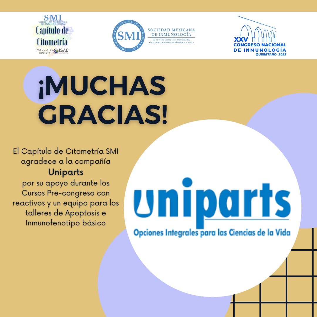 Un aplauso para Uniparts por su apoyo durante los Cursos Pre-congreso 🙌. Gracias a sus reactivos y equipo, pudimos realizar los talleres de Apoptosis e Inmunofenotipo básico exitosamente. Juntos, hacemos la diferencia en la citometría 👥🔬. #SMICitometria #SMInmunología