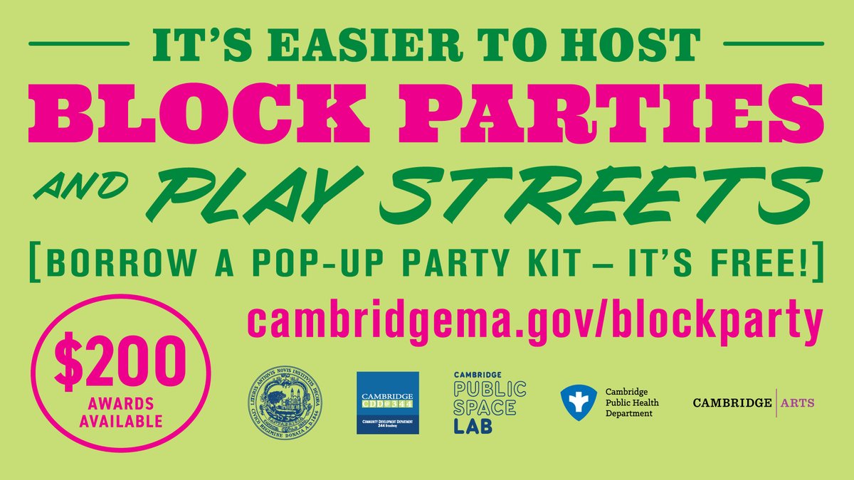 CambMA's tweet photo. It's now easier to host a block party in Cambridge! It’s free to apply and the City is offering $200 awards (limited funds available) and free #PlayStreets kits for your celebration. Learn more - https://t.co/Z9mxPf0TCc #PublicSpaceLab #CambMA https://t.co/xEtQYBJGeh
