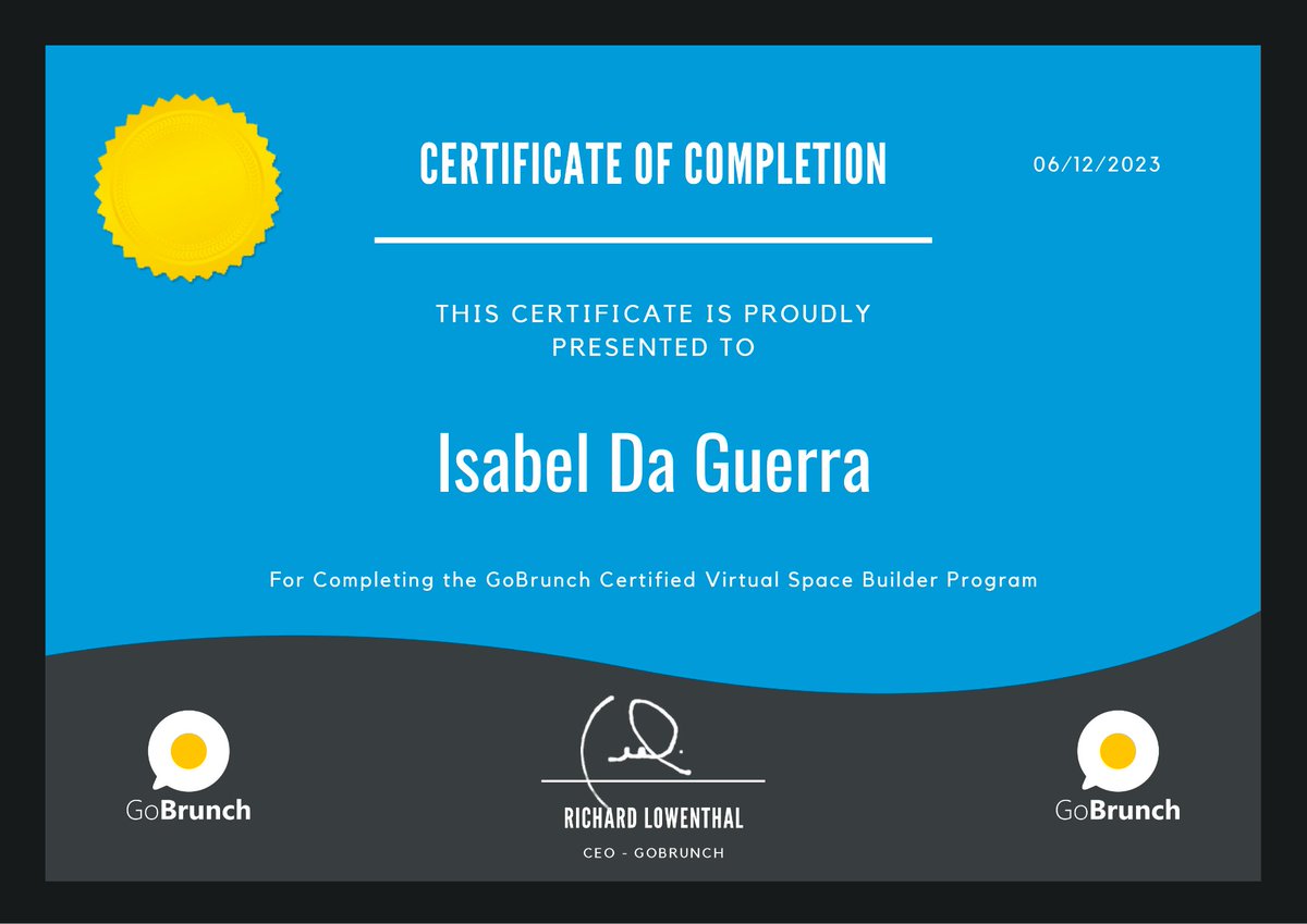 Hey, I'm excited to share that I just got certified as a GoBrunch Certified Virtual Space Builder! 🎉 It was an incredible journey. Can't wait to start building more amazing virtual spaces.