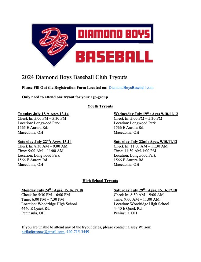 DBBaseballClub's tweet photo. 2024 Diamond Boys Trouts are now posted

•10U-18U Tryouts
•Weekday and Weekend times open
•Contact Casey Wilson at 440-715-3549 for private tryouts
•29th season as an organization (Established 1996) 😤
•Follow the link to join our family

https://t.co/tKIpghsTUT https://t.co/KHn9Zugl4w