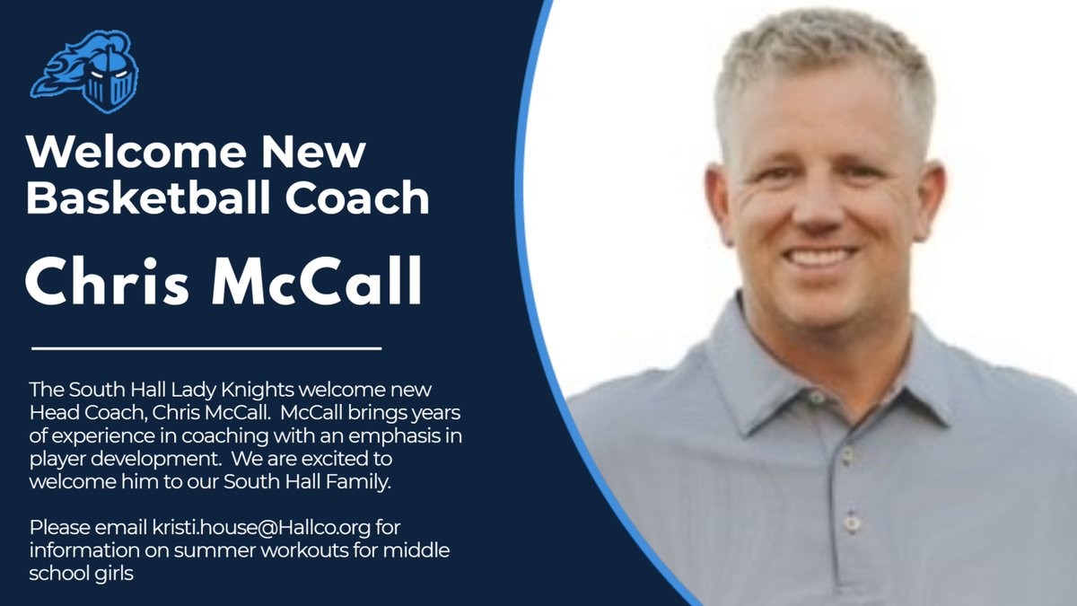 SouthHallMiddle's tweet photo. Welcome Coach Chris McCall to our South Hall Family.  He will be coaching our 7th and 8th grade girls and brings a wealth of knowledge to help our student athletes.  #TogetherWeCan https://t.co/fuHsWLrY8a