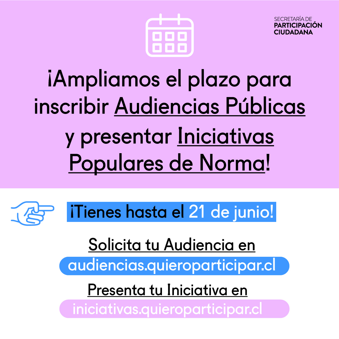 ¡Todavía puedes inscribir tu Audiencia Pública! 🗣️ Plazo extendido hasta el próximo miércoles 21 de junio 🙋‍♀️🙋‍♂️
Ingresa a ➡️ audiencias.quieroparticipar.cl 

Si estamos tod🫰s, será de tod👍s.

<a href="/SPCiudadanaCL/">Secretaría de Participación Ciudadana</a> 
#ProcesoConstitucional #NuevaConstitución #AudienciasPúblicas