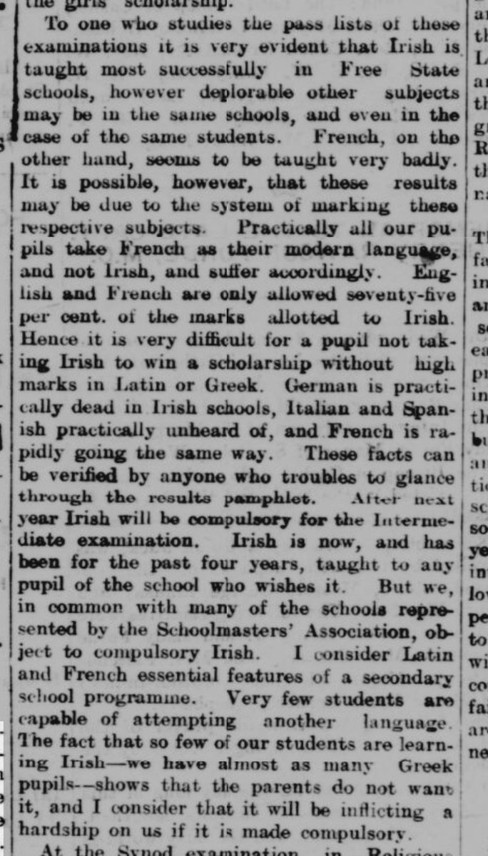 shffnn's tweet image. Back issues of the Waterford Standard for 1926 have been digitised, here's an extract from the headmaster's report on prize day at the Bishop Foy School. 
Remarks made by Mr Lewis, a later headmaster, regarding compulsory Irish led to a glorious flurry of letters in 1938.