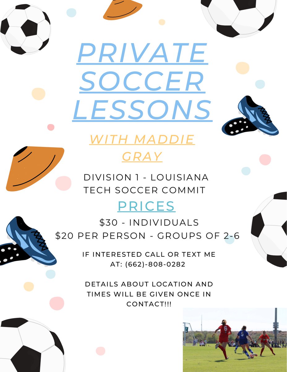 MaddieGray2024's tweet photo. I am starting private soccer lessons!!!
Reach out if you have interest or if anyone you know may be interested!!! https://t.co/yJXVklpnCx