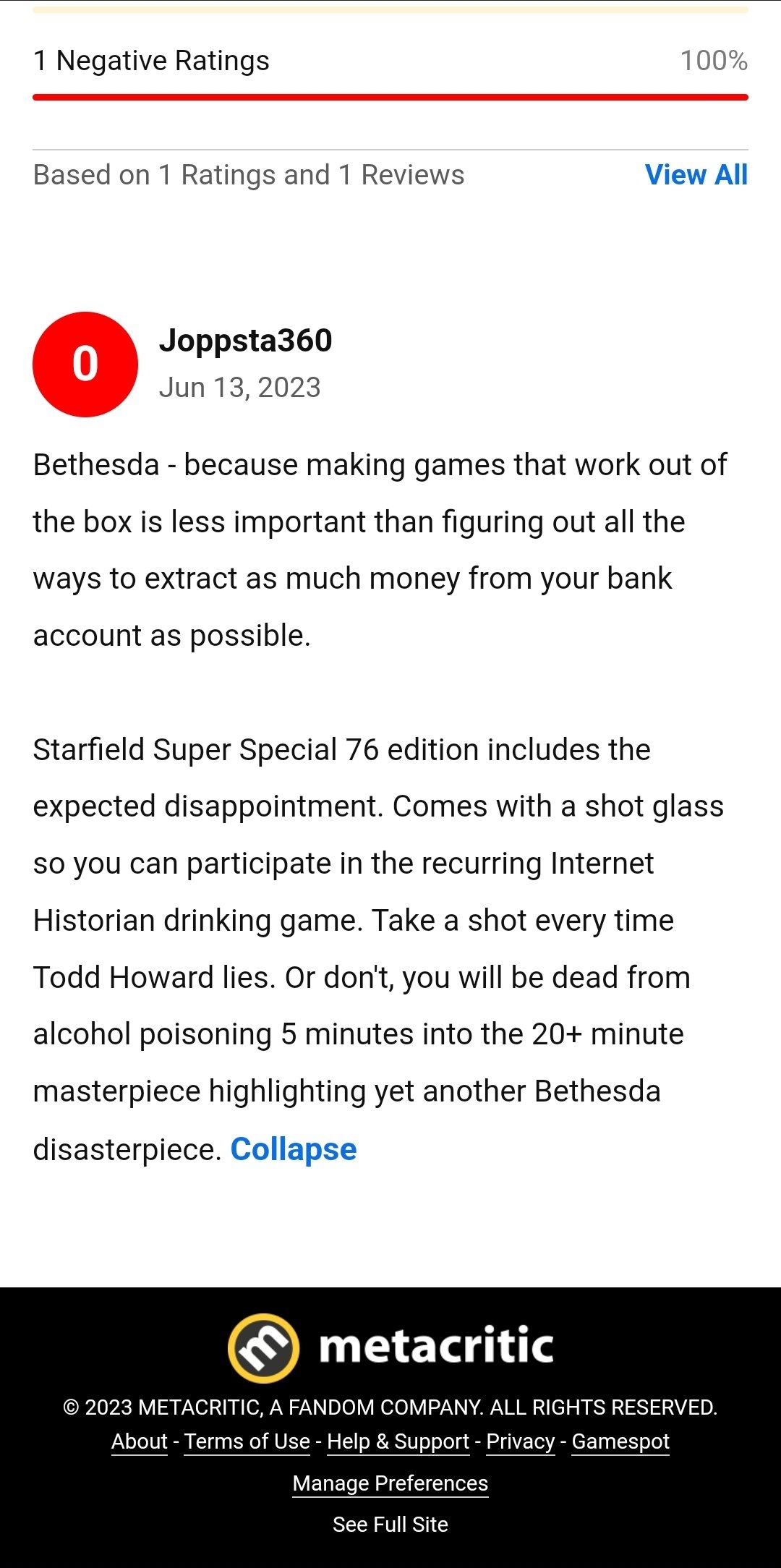 Starfield Metacritic Score Rapidly Decreases After A Series Of Low