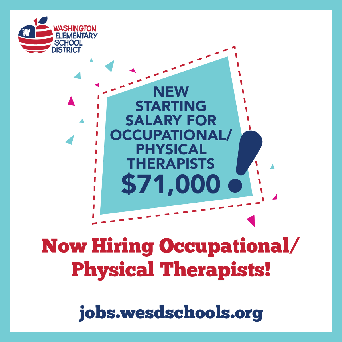 We are currently hiring occupational/physical therapists to join the #WESDFamily for the 23-24 school year! The WESD offers paid time off, employer-matched contributions to Arizona State Retirement, a new starting salary of $71,000 and much more! Apply at jobs.wesdschools.org.