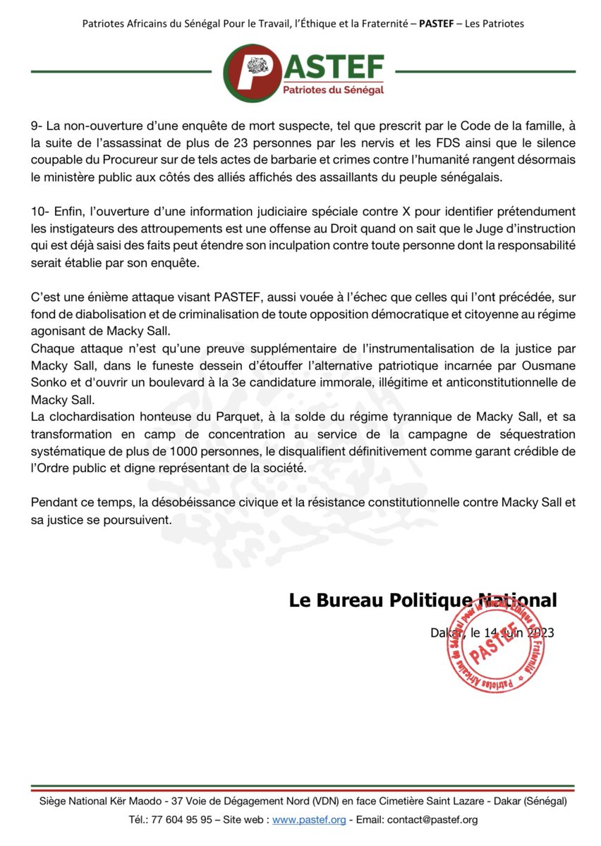 Communiqué du Bureau Politique National du Parti