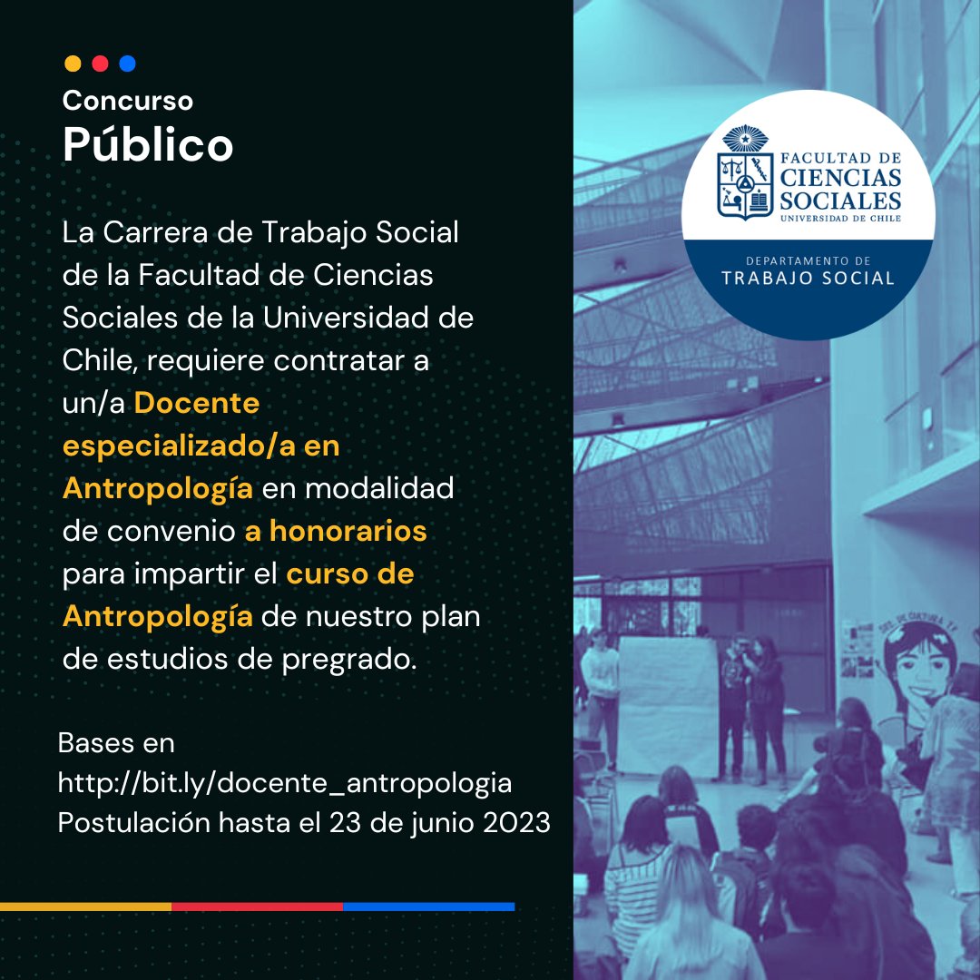 CONCURSO PÚBLICO
Hasta el 23 de junio se encontrará abierta la convocatoria para postular a la docencia de la cátedra de antropología de nuestro plan de estudios. Podrán encontrar las bases y requisitos en: bit.ly/docente_antrop… 📷