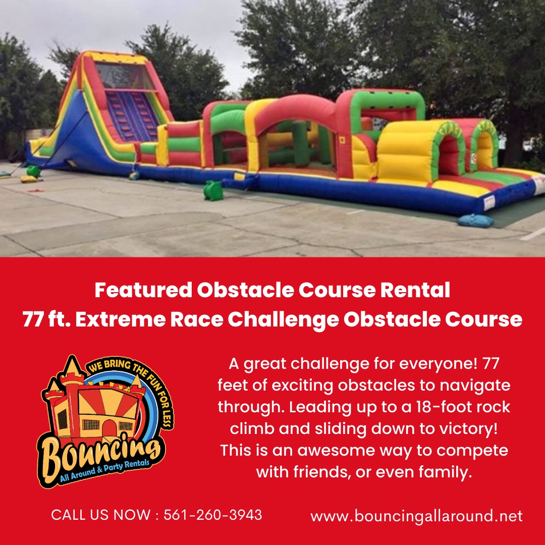 🏃‍♀️ Ready, set, go! Our 77 ft. Extreme Race Challenge Obstacle Course is the ultimate challenge for everyone. 

🤸‍♂️ With exciting obstacles and an 18-foot rock climb, you'll slide down to victory! 

#obstaclecourse #racingfun #excitementgalore