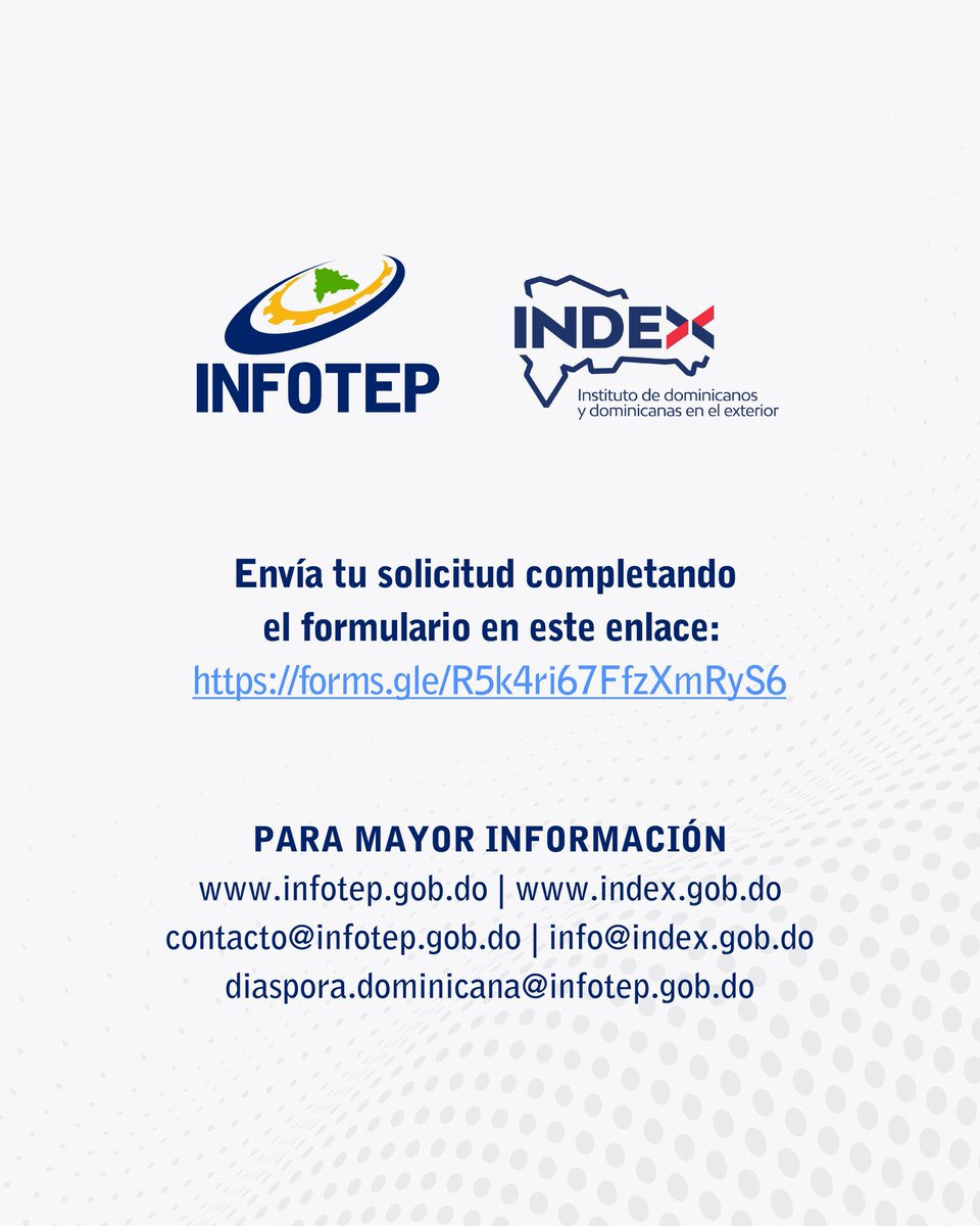 Indexdomrd's tweet image. Para mayor información escríbenos a las direcciones de correo:

contacto@infotep.gob.do
info@index.gob.do
diaspora.dominicana@infotep.gob.do

#INFOTEPinternacional
#DominicanosenelExterior
#CapacitarEsProgresar
#Capacitación
#CapacitaciónVirtual