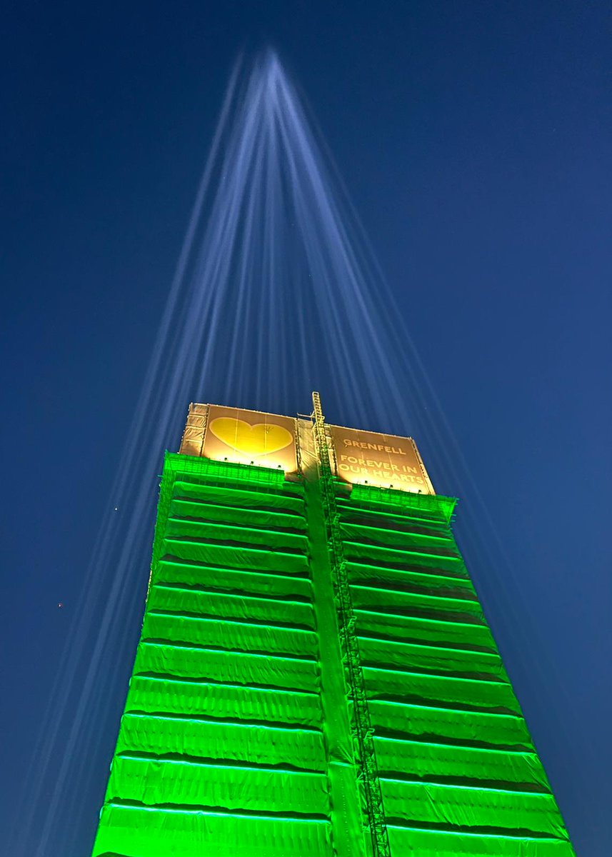 Tonight the tower is lit with 72 beams. A beam for every life lost, 72 months since the fire. Forever in our hearts. We will never stop fighting💚 #72Months72Lives