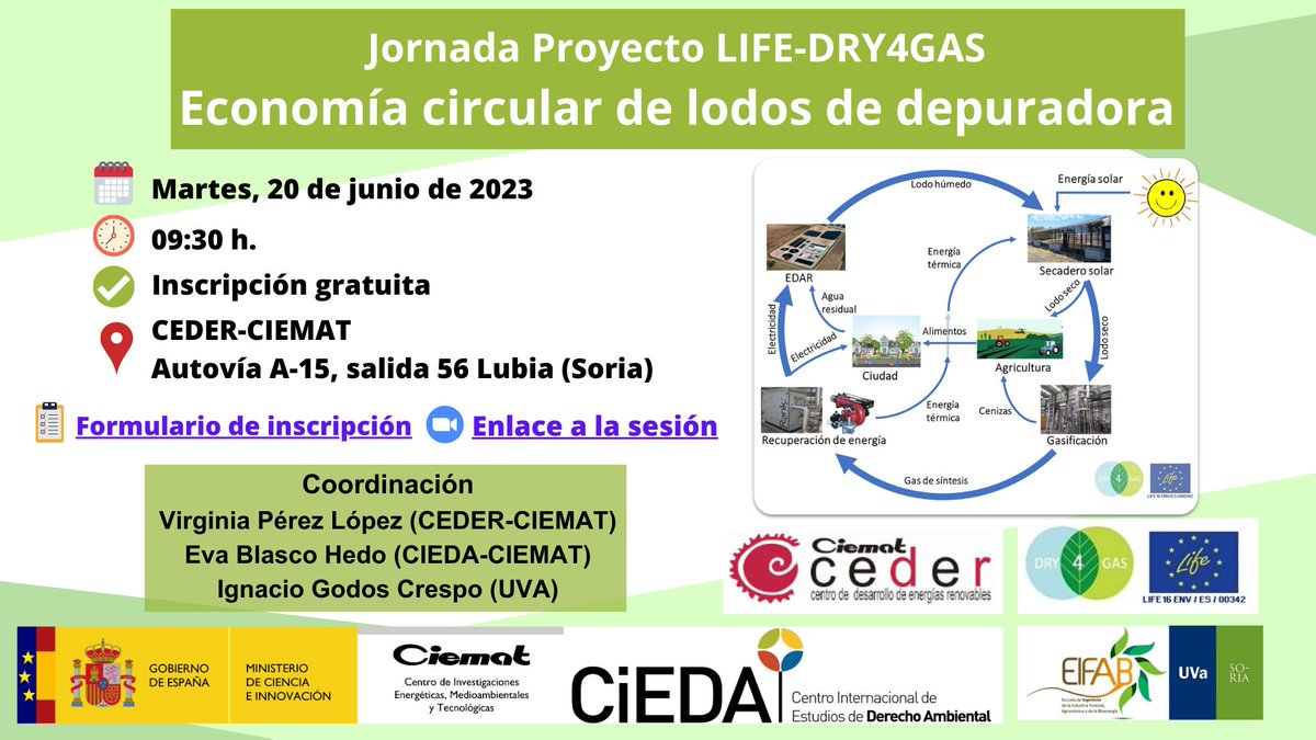 El próximo 20 de junio presentamos una Jornada de Economía Circular de Lodos de Depuradora en <a href="/CederCiemat/">CEDER-CIEMAT</a> u online! Inscríbete, te esperamos!!
<a href="/CIEDA_CIEMAT/">CIEDA-CIEMAT</a> 
<a href="/AgroMobility/">LIFE SMART AgroMobility</a> <a href="/MasterBioenergy/">Máster Bioenergía y Sostenibilidad Energética</a> 
<a href="/esamur_aguas/">Esamur</a>
<a href="/CEBAS_CSIC/">CEBAS-CSIC</a>
#aguasdesoria
@calorsostenible
<a href="/SOMACYL/">SOMACYL</a> 
#ocr-elecnor